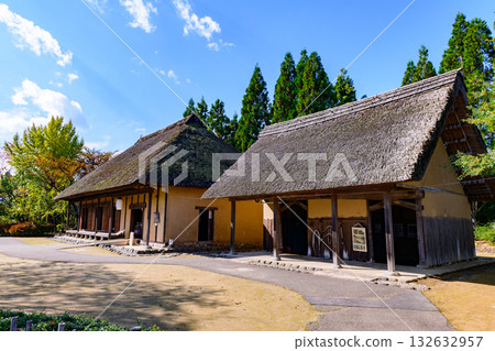 Autumn Michinoku Lakeside Park: Autumn leaves, kochia and old houses Autumn Michinoku Lakeside Park: Autumn leaves, kochia and old houses 132632957