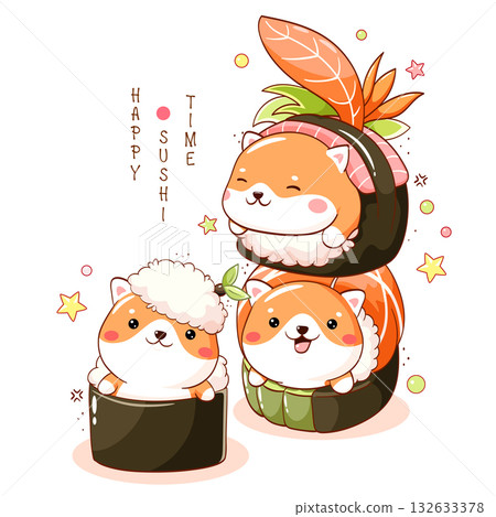 Stack of kawaii Shiba inu and sushi. Cute akita inu puppy playing with sushi. Little dog with rolls. Can be used for t-shirt print, sticker, greeting card, menu design. Vector illustration EPS8 Stack of kawaii Shiba inu and sushi. Cute akita inu puppy playing with sushi. Little dog with rolls. Can be used for t-shirt print, sticker, greeting card, menu design. Vector illustration EPS8 132633378