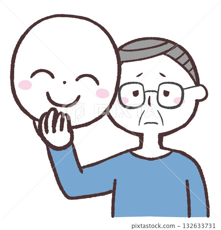 Illustration of a senior man with a sad face holding a smiling mask 132633731