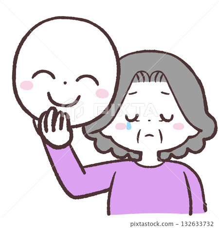 Illustration of a crying senior woman holding a smiling mask 132633732