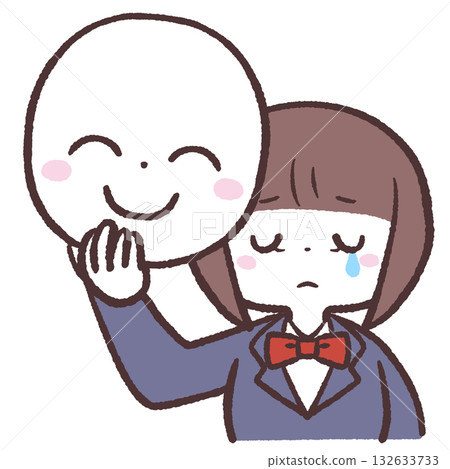 Illustration of a crying girl holding a smiling mask 132633733