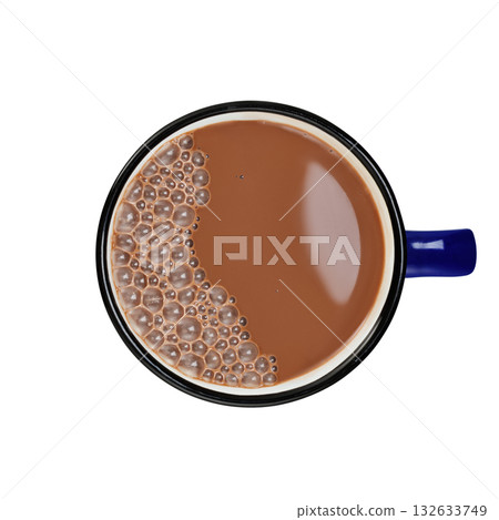 Top view of hot chocolate with bubble in blue ceramic cup isolated on white background 132633749