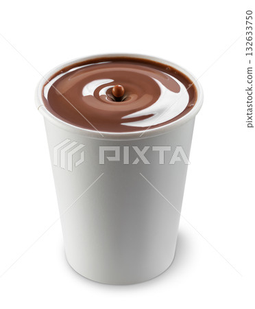 Hot chocolate with wave and drop in disposable paper cup isolated on white background 132633750