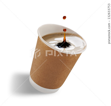 Inclined disposable paper cup with freshly brewed coffee with splash and drop, isolated on white background Inclined disposable paper cup with freshly brewed coffee with splash and drop, isolated on white background 132633753