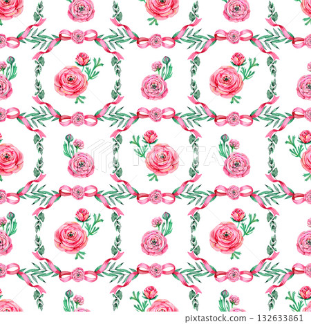 Seamless pattern with delicate ranunculus and eucalyptus. Vintage style surface design. 132633861