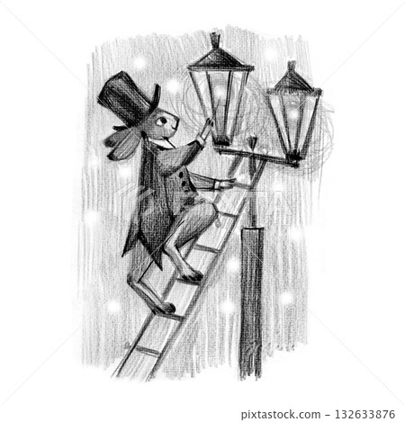 Lamplighter hare cute vintage style illustration. Color pencils hand drawn image. Lamplighter hare cute vintage style illustration. Color pencils hand drawn image. 132633876