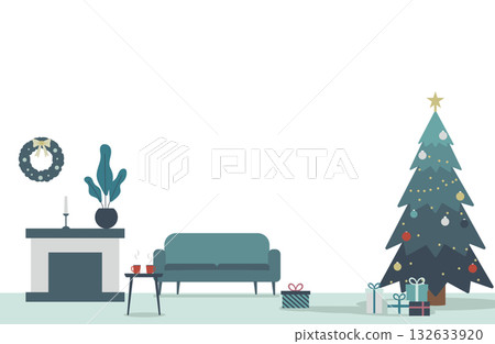 聖誕房間背景插圖 | 北歐風格室內設計，配有聖誕樹和壁爐 132633920