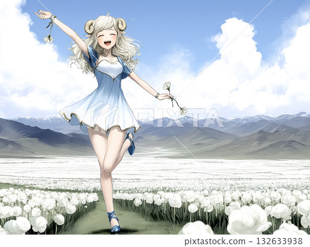Illustration material of a buffalo fairy smiling and walking through the grassland 132633938
