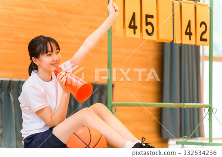 School club activities, girls cheering for the basketball club, sports festival, class match, tournament, game School club activities, girls cheering for the basketball club, sports festival, class match, tournament, game 132634236