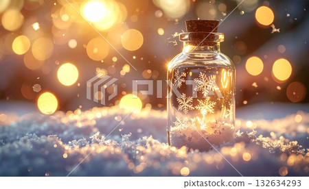 Sparkling background with snowflakes trapped in a sparkling bottle 132634293