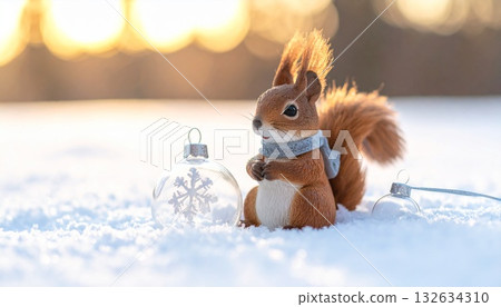 Cute squirrel mascot decorated on snow Cute squirrel mascot decorated on snow 132634310