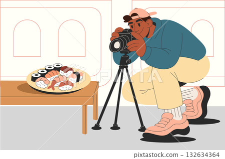 Male food blogger taking photos of sushi for mukbang video and social media content creation 132634364