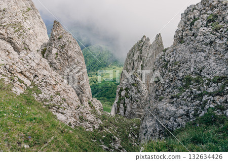 Rocky mountain ridge and dramatic cliffs rising. Bolshoy Tkhach national park 132634426