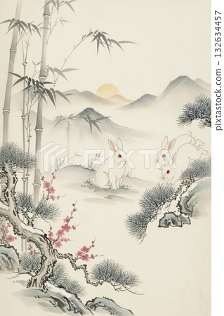 水墨兔子慶祝新年 水墨兔子慶祝新年 132634457