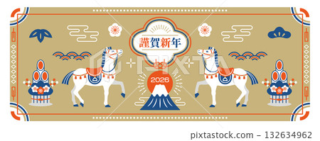 2026 年馬年日式橫幅，上面有馬和富士山 132634962