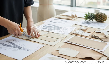 Professional designer cutting natural textured paper materials with orange scissors on wooden workspace surrounded by fabric samples sketches charts and fresh pineapple in bright studio 132635049