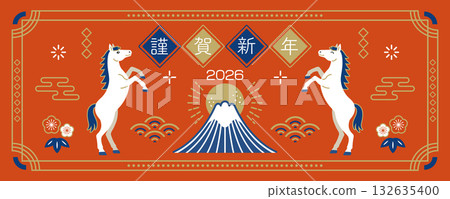 2026 年馬年日式橫幅，上面有馬和富士山 132635400