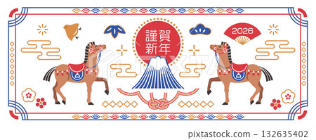 2026 Year of the Horse Japanese-style banner with horse and Mt. Fuji 2026 Year of the Horse Japanese-style banner with horse and Mt. Fuji 132635402