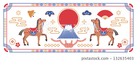 2026 Year of the Horse Japanese-style banner with horse and Mt. Fuji 132635403