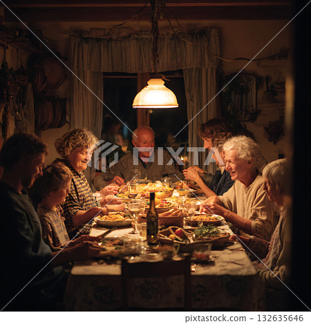 一家人圍坐在餐桌旁,其樂融融。 一家人圍坐在餐桌旁,其樂融融。 132635646