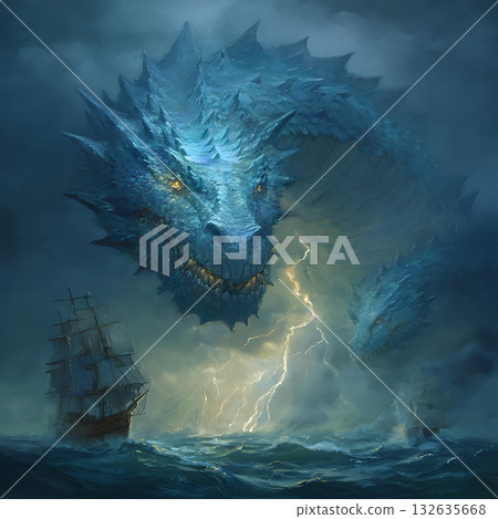 一幅奇幻插畫，描繪了一條巨大的海龍從暴風雨中浮現的景象。 132635668