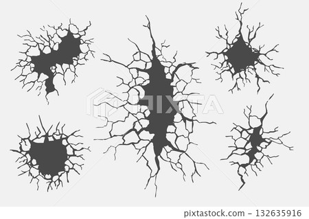 Crack concrete wall texture, floor ground broken effect. Horizontal breaks on land surface. Dry soil. Damaged by earthquake fissure and fracture. 132635916