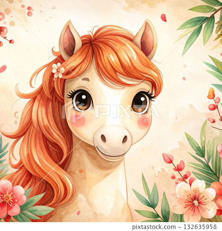 Cute horse with flowers 132635958