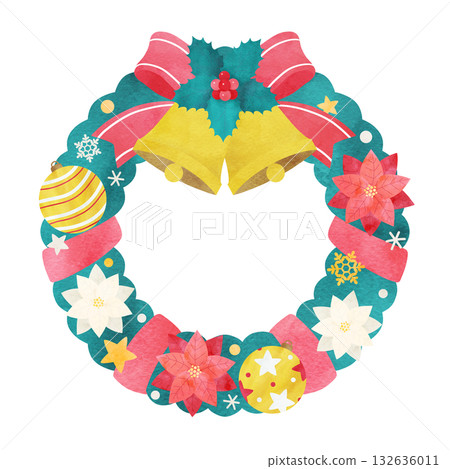 聖誕花圈手繪水彩插圖 132636011