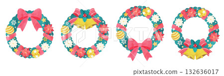 聖誕花圈手繪水彩插畫套裝 132636017