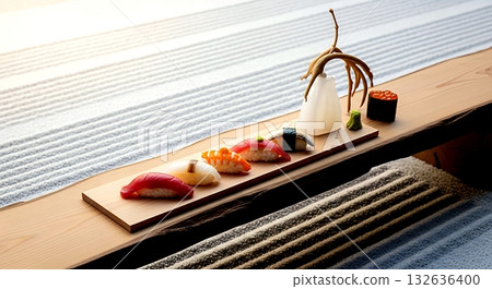Japanese minimalist sushi presentation on a long, narrow slab of aged cedar wood, resembling a traditional engawa, a backdrop of finely raked white sand in a serene zen garden  132636400