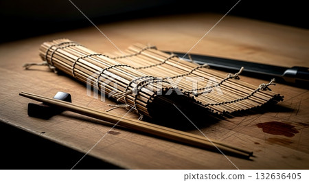 Still life composition, Wabi-sabi aesthetic. a used sushi chef's toolkit a well-worn bamboo mat (makisu) and a single chopstick on a stained wooden countertop  132636405