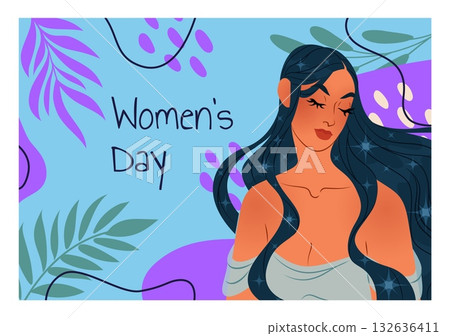 International women day. Happy young girl. Tropical palm leaves. Feminine beautiful portrait. Holiday banner. Attractive face. Female beauty. Abstract botanical shapes. Vector creative greeting card International women day. Happy young girl. Tropical palm leaves. Feminine beautiful portrait. Holiday banner. Attractive face. Female beauty. Abstract botanical shapes. Vector creative greeting card 132636411