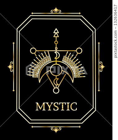 Gold magic ornament. Golden moon composition. Mystic esoteric frame. Tarot cover. Print or design creative outline element. Decorative contour crescent vector isolated on black background illustration Gold magic ornament. Golden moon composition. Mystic esoteric frame. Tarot cover. Print or design creative outline element. Decorative contour crescent vector isolated on black background illustration 132636417