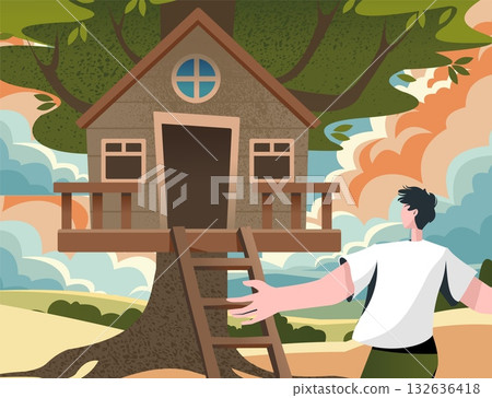 Children tree house. Cozy building on forest wood branch. Small camp home at wood. Man looking at playground hut. Childhood joy. Kindergarten shelter. Treehouse lodge. Outdoor game. Vector concept 132636418
