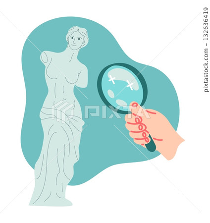 Creative hobby. Hand with magnifying glass research ancient statue. Archeology study. Greek woman marble sculpture. Female body. Museum exhibition. Artist studio. Sculptor workshop. Vector concept 132636419