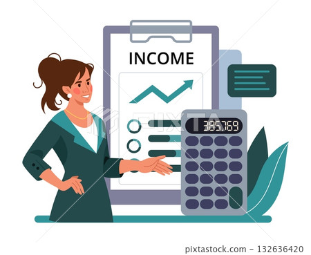 Money counting. Financial income calculation. Woman with big profit report document at clipboard and calculator. Payday salary. Economy benefits growth. Banking fund. Account audit. Vector concept 132636420