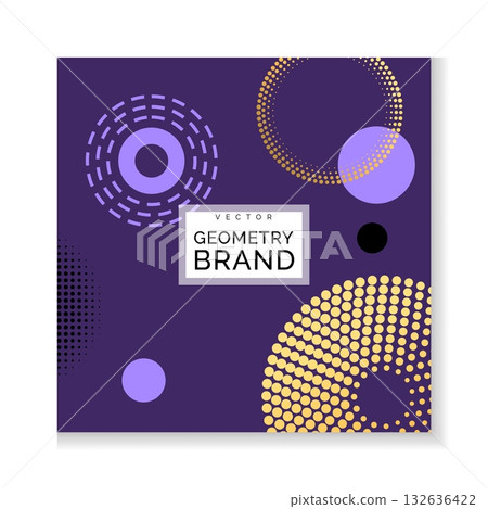 Graphic poster. Social media post card. Title blank at square frame design. Geometric circles. Concentric figures. Modern color flyer. Promotion header border. Circular flat forms. Vector web banner 132636422