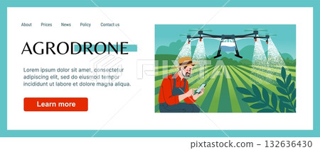 Agriculture farm. Smart farming landing page. Agricultural drone for plantation. Innovation technology. Website design template. Agrodrone sprays fertilizers. Farmer controls robot. Vector background 132636430