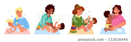 Baby massage. Manual techniques for infant. Healthy body care for lying children. Pediatric osteopathy. Woman mother therapeutic touch to newborn. Correction of kids back. Vector tidy concepts set Baby massage. Manual techniques for infant. Healthy body care for lying children. Pediatric osteopathy. Woman mother therapeutic touch to newborn. Correction of kids back. Vector tidy concepts set 132636440