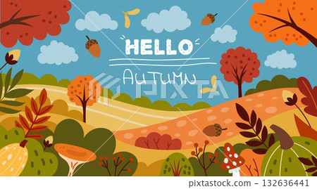 Autumn panorama. Forest landscape with trees during fall. Foliage season of November. Red yellow, gold leaves for Thanksgiving holiday banner backdrop. Countryside panorama. Vector tidy background 132636441