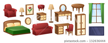 Cartoon living room interior. Home furniture. Bed and sofa. TV desk. Wooden chair. Dressing table cabinet. Game background for house. Furnishing elements set. Vector comfortable modern garish design 132636444