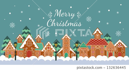 Gingerbread house. Town in winter landscape. Christmas card design, holiday lettering. Snowy sky panorama, cute decoration, seasonal celebration. Vector tidy cartoon flat style isolated illustration 132636445
