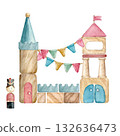 A castle made of wooden blocks for children with a soldier image and hand-drawn watercolors on an isolated white background, for creating compositions, decorating postcards, invitations, packaging. 132636473