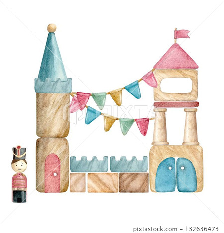 A castle made of wooden blocks for children with a soldier image and hand-drawn watercolors on an isolated white background, for creating compositions, decorating postcards, invitations, packaging. 132636473