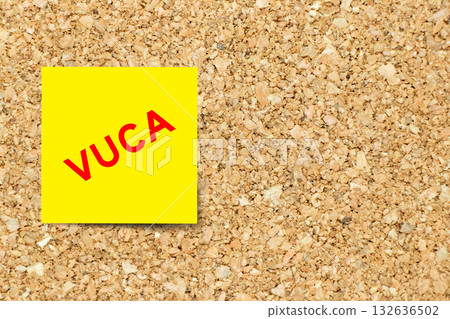 Yellow note paper with word VUCA (abbreviation of Volatility, uncertainty, complexity and ambiguity) on cork board background with copy space Yellow note paper with word VUCA (abbreviation of Volatility, uncertainty, complexity and ambiguity) on cork board background with copy space 132636502