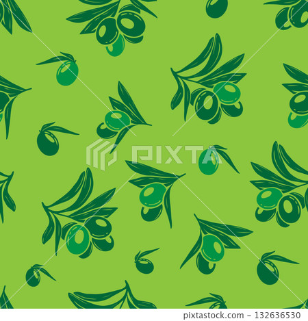 Vector seamless pattern with ripe black and green olives on white. Background design for olive oil, natural cosmetics. Best for wrapping paper. Vector seamless pattern with ripe black and green olives on white. Background design for olive oil, natural cosmetics. Best for wrapping paper. 132636530