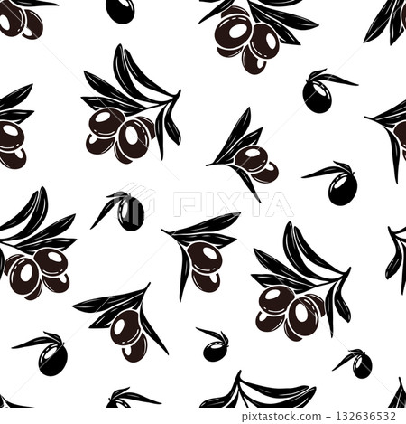Seamless black olive pattern. Greek olives on branches with leaves, hand drawn sketch vector illustration. Greek olive twig, floral decoration fresh 132636532