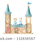 A castle made of wooden blocks for children with a prince and a princess, hand-drawn with watercolors on an isolated white background, for creating decorations for postcards, invitations, packaging. 132636567