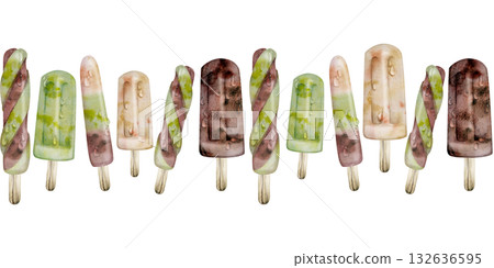 Ice cream sticks in an assorted seamless banner. Ice lolly popsicle, chocolate vanilla matcha pistachio flavors. Isolated illustration hand drawn in watercolor. Gourmet menu insert, summer product tag 132636595