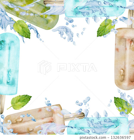Popsicle ice pop stick dessert with mint leaves in cooling waters splashes, waves and drops. Isolated square border frame illustration hand drawn in watercolor. Sweet product wrap, frozen snack decor. 132636597